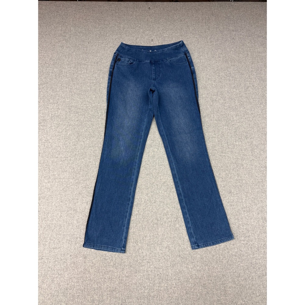 Belle by Kim Gravel Jeans 8 Blue Braided Side Trim Pull On Straight Leg Denim